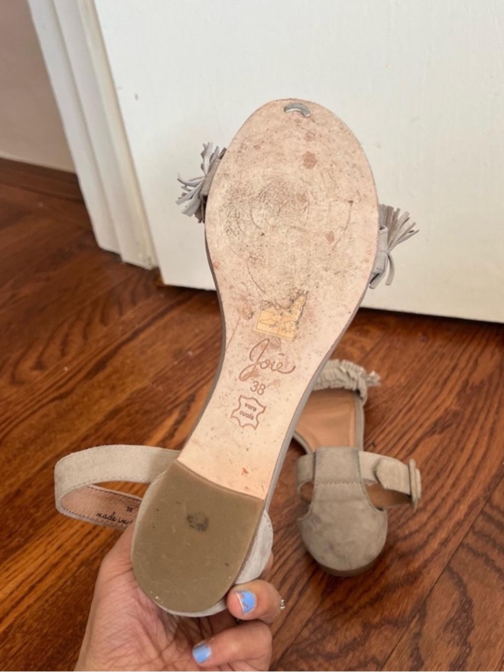 joie taupe gray lyla suede fringe ankle buckle sandals flat - Picture 3 of 8
